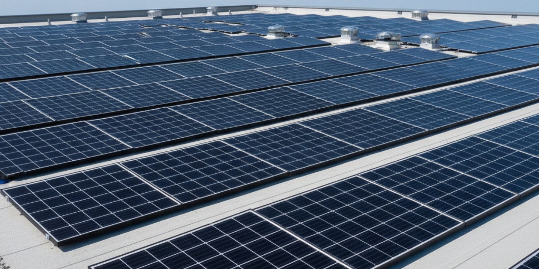 Nahaufnahme einer modernen Photovoltaikanlage auf dem Dach einer Logistikhalle mit einem klaren blauen Himmel im Hintergrund, verdeutlicht Energieeffizienz und erneuerbare Energien als Kernaspekt der BREEAM-Zertifizierung.